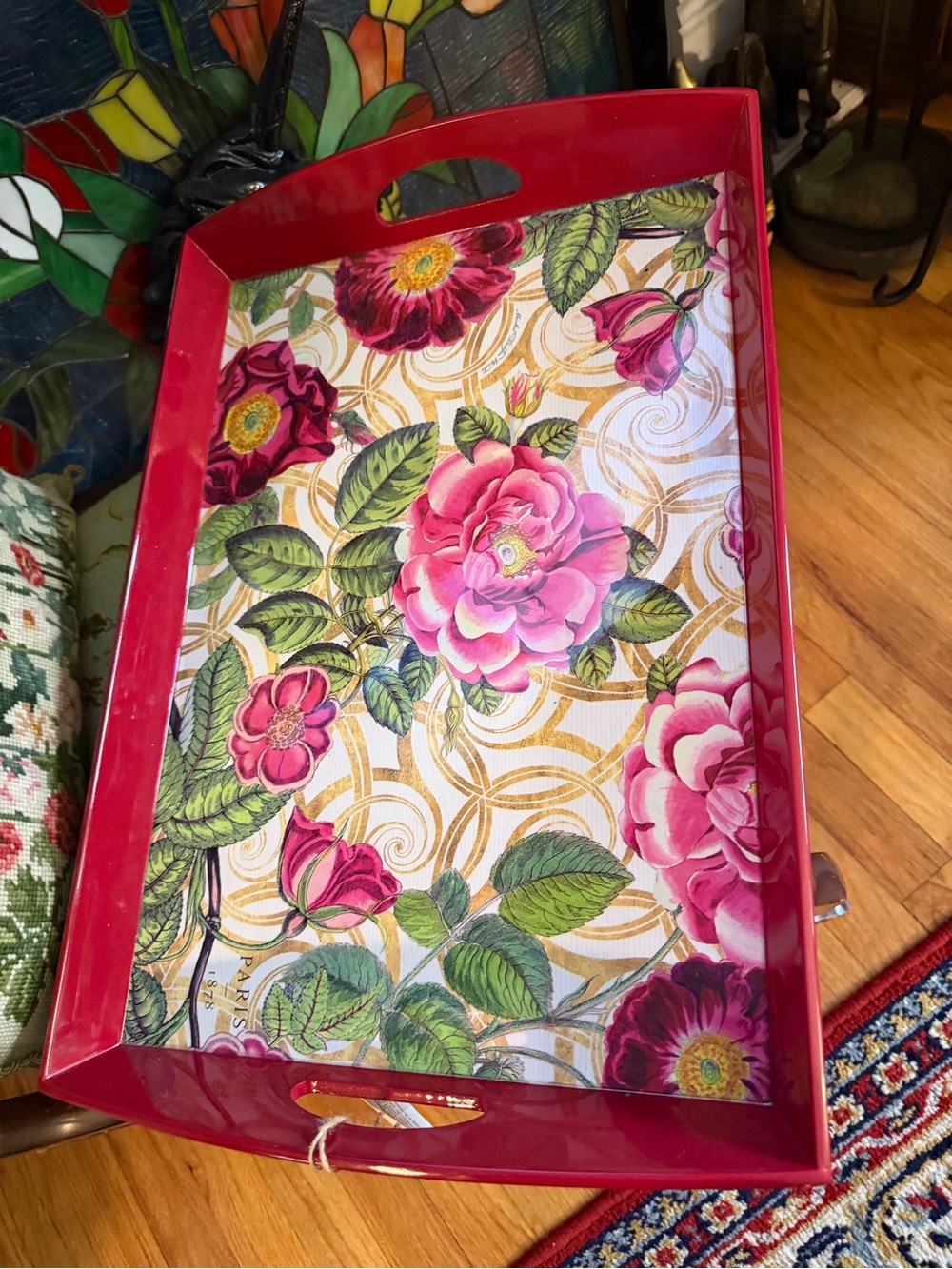 Vintage Michael Design Lacquered Wood Floral Serving Tray "Paris 1878" NWT